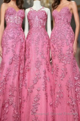 Gorgeous Hot Pink Lace Appliques Long Semi Formal Prom Dress